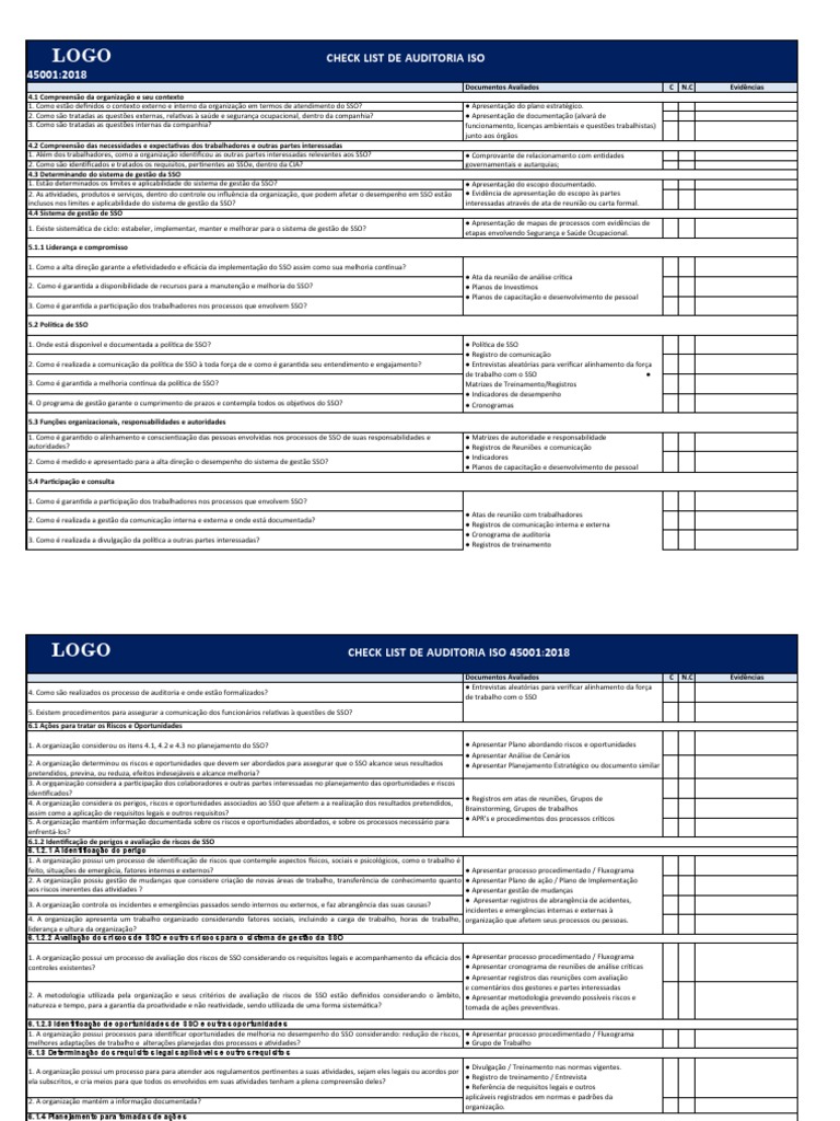 Checklist de Auditoria ISO 45001:2018 | PDF | ISO 9000 | Cognição