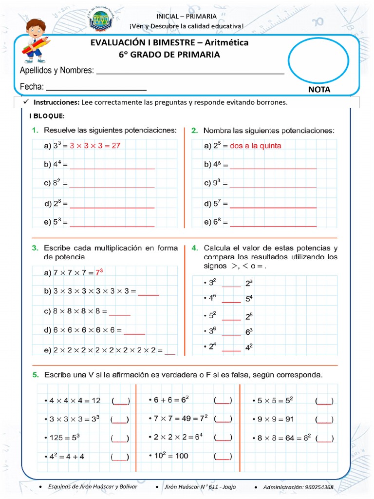 Examen I Bim - Aritmética 6to | PDF
