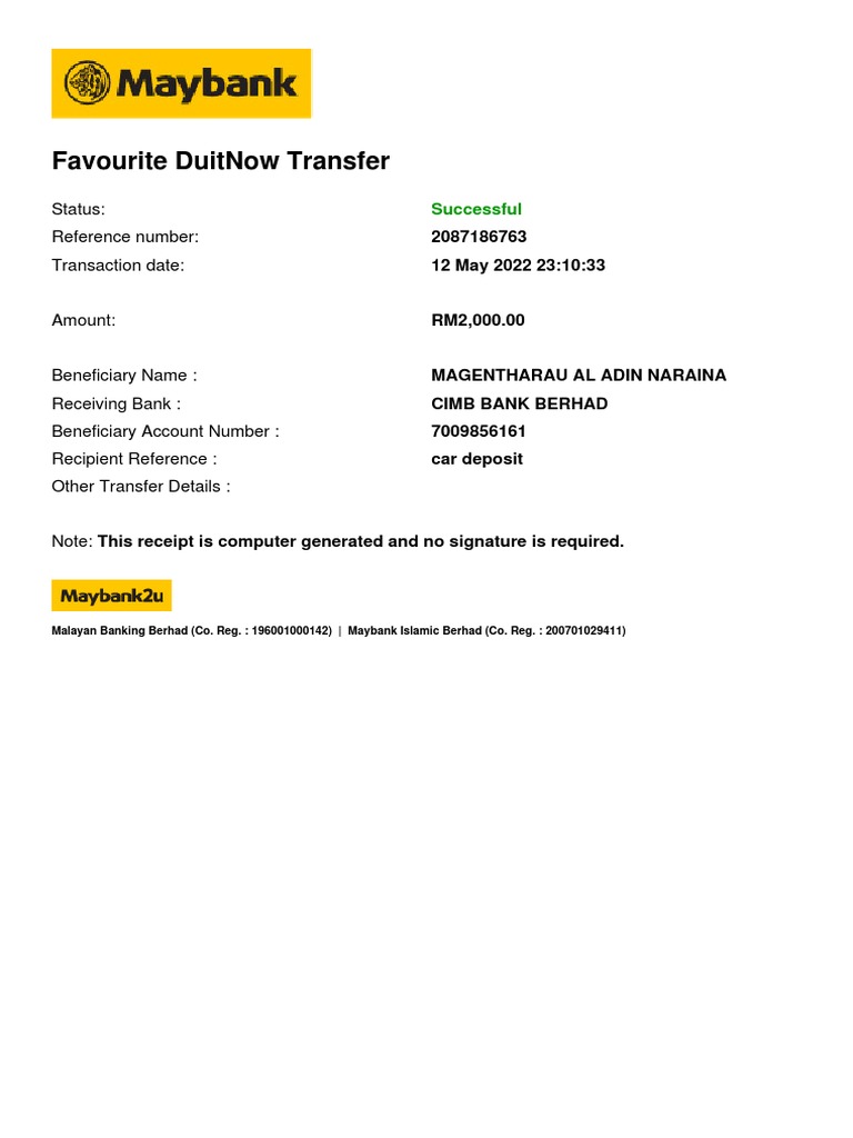 Successful DuitNow Transfer Receipt | PDF