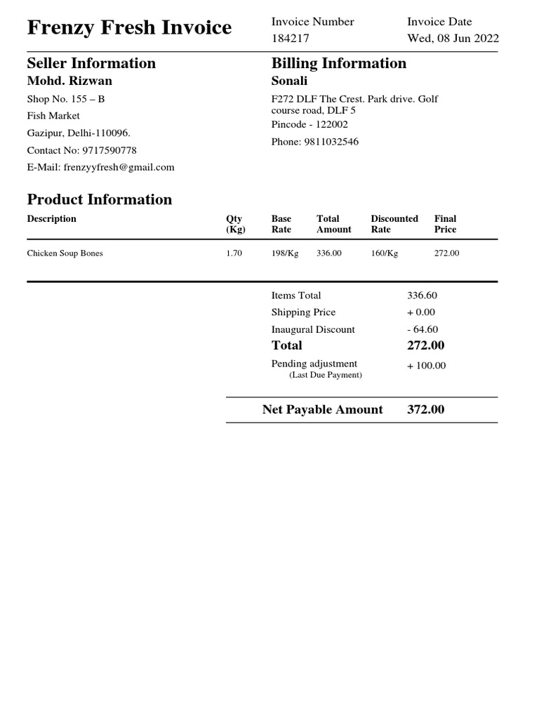 Frenzy Fresh Invoice: Seller Information Billing Information | PDF