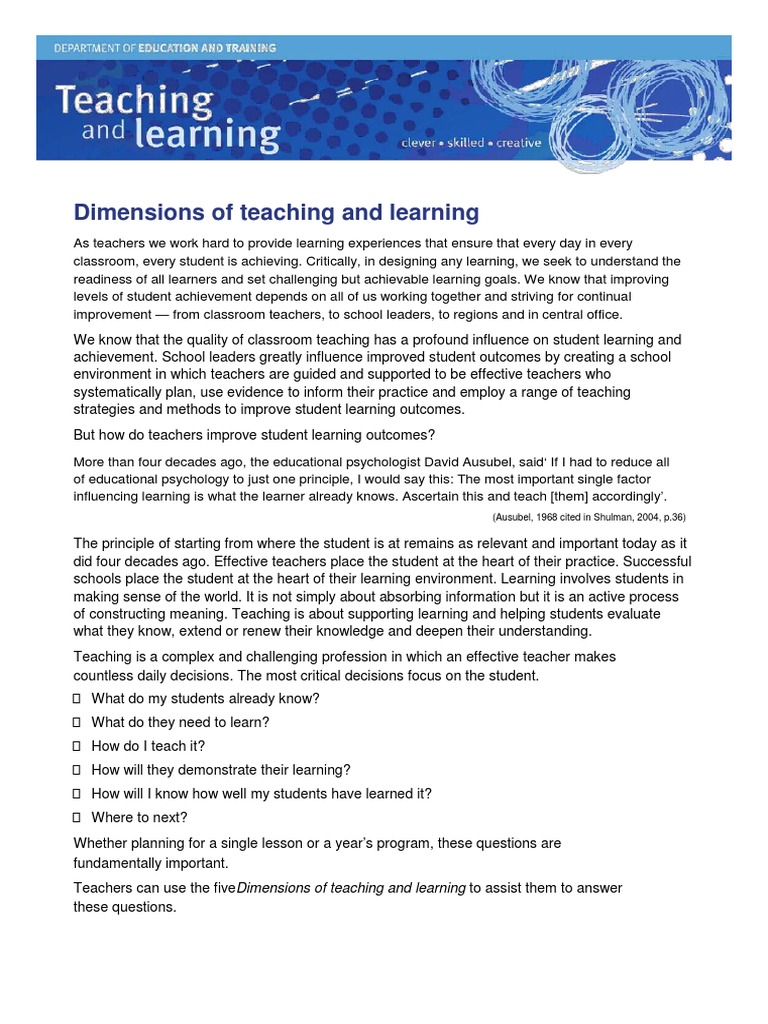Dimensions of effective teaching and learning | PDF | Educational ...