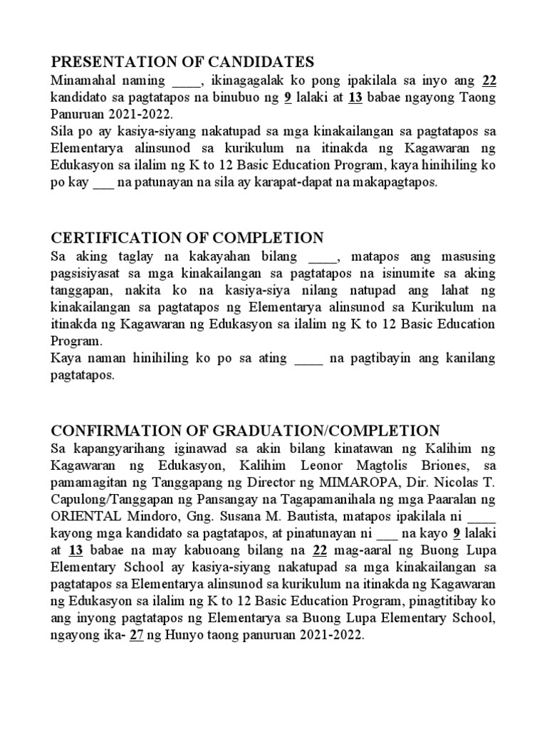 ScriptforPresentationCertificationConfirmationofGraduates tagalog PDF
