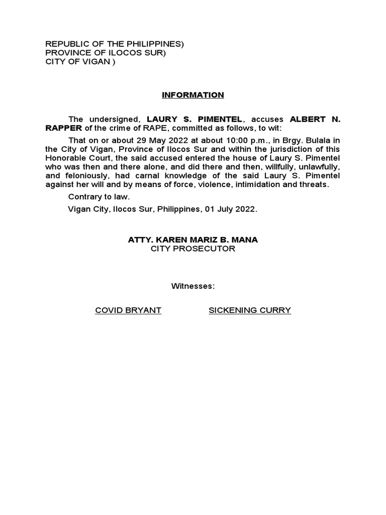 Information (Rape) With Certificate of Preliminary Investigation | PDF ...