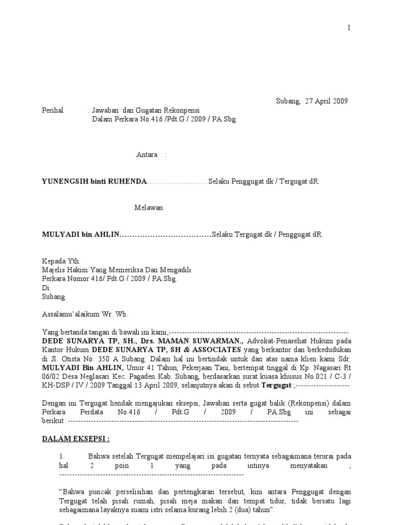 Contoh Jawaban Dan Gugatan Rekonpensi Perdata