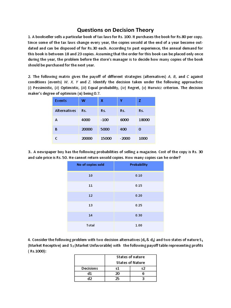 Decision Theory Problems and Solutions | PDF | Investing | Demand