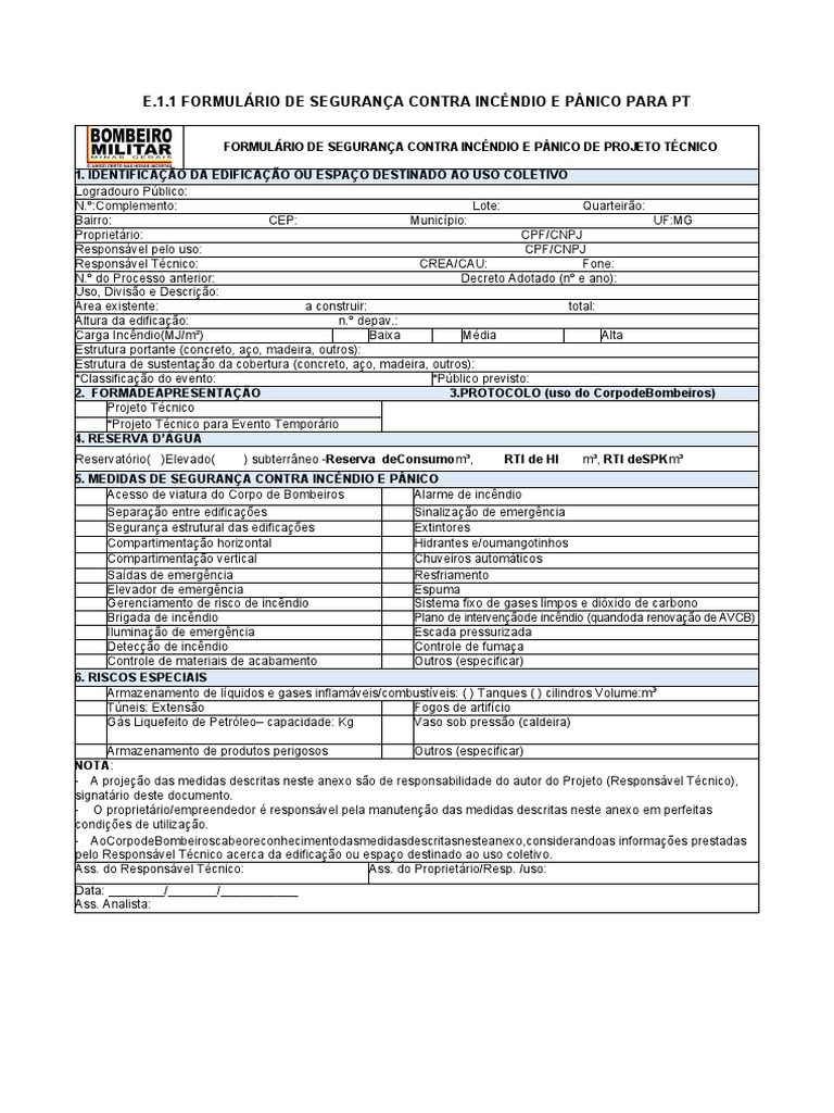 E.1.1 Formulário de Segurança Contra Incêndio e Pânico para PT | PDF ...