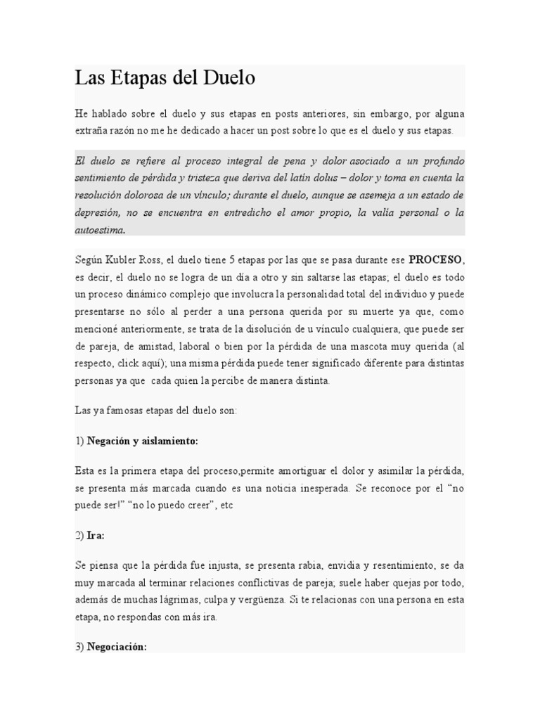 Etapas del Duelo según Kubler Ross | PDF | Dolor | Las emociones