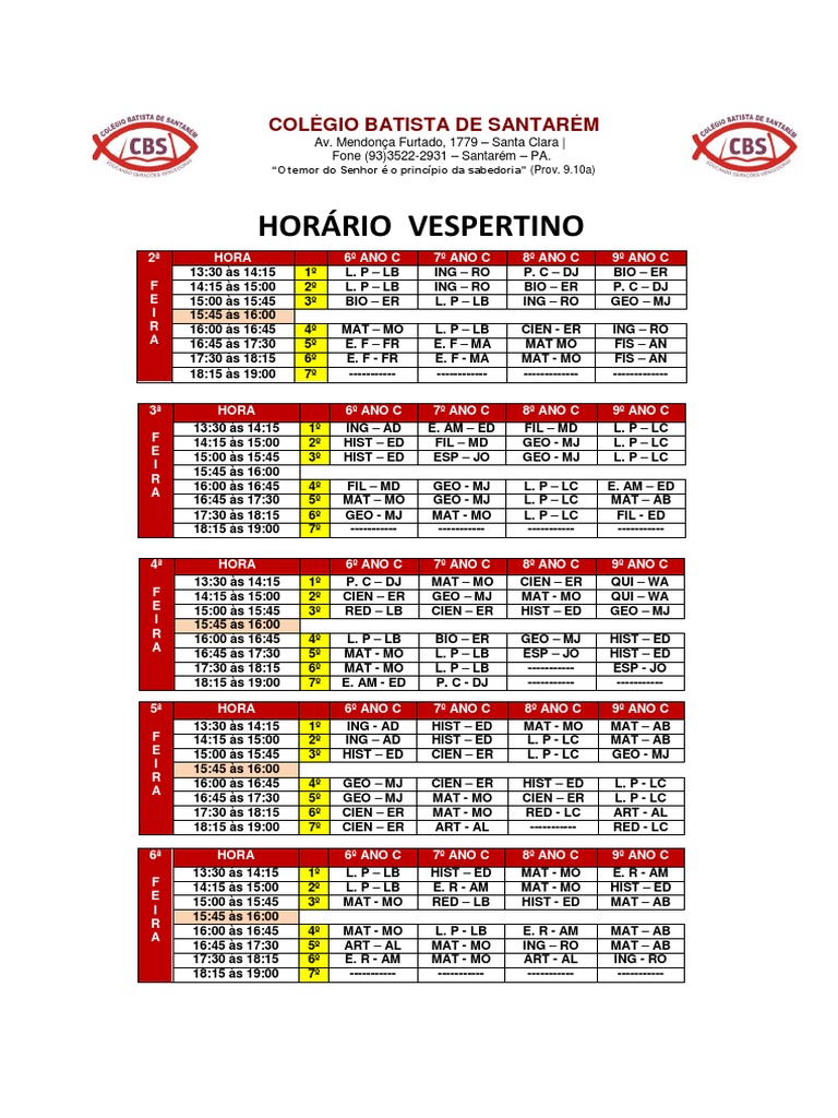 Horário vespertino da semana do Colégio Batista de Santarém para os ...