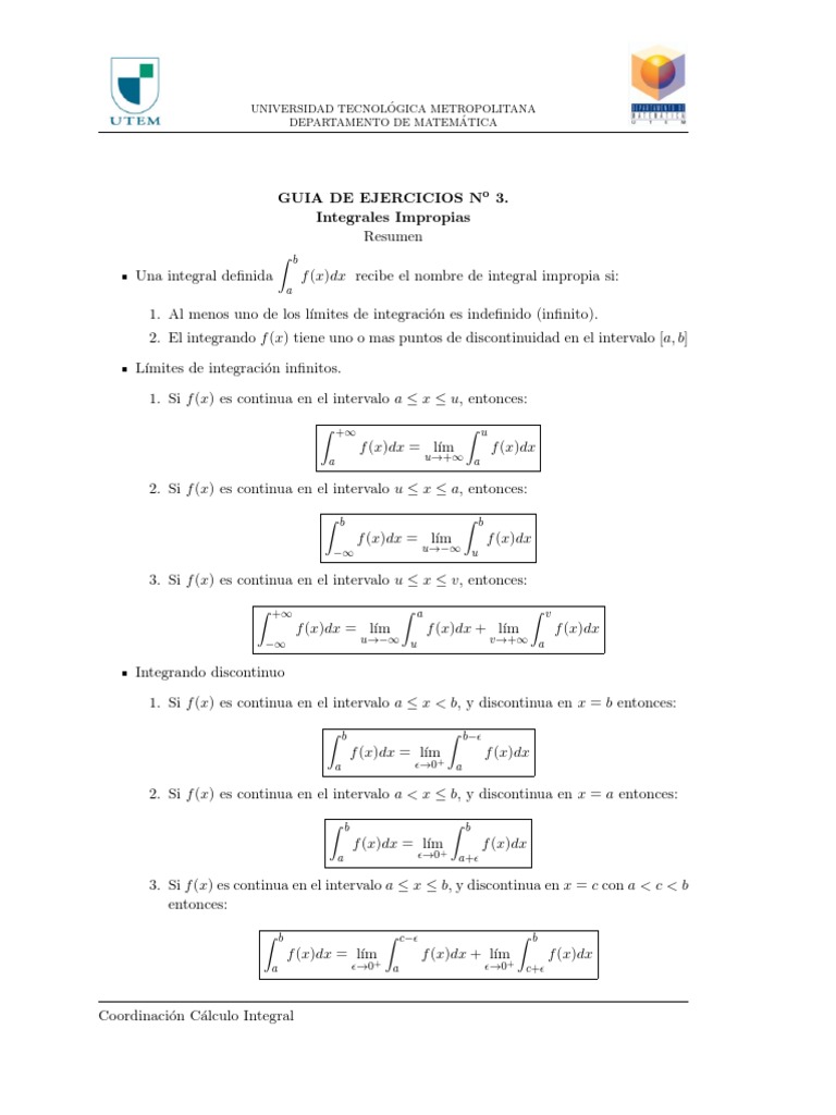 Guía sobre el cálculo de integrales impropias y la evaluación de su convergencia PDF