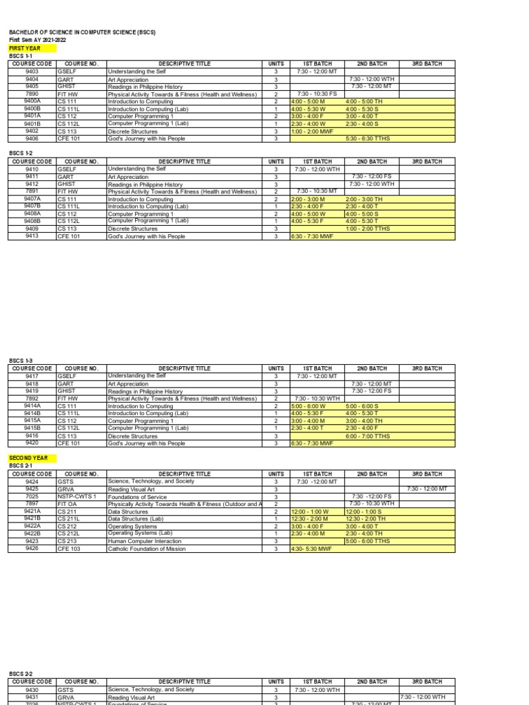 BSCS Course Schedule AY 2021-2022 | PDF | Information Technology ...