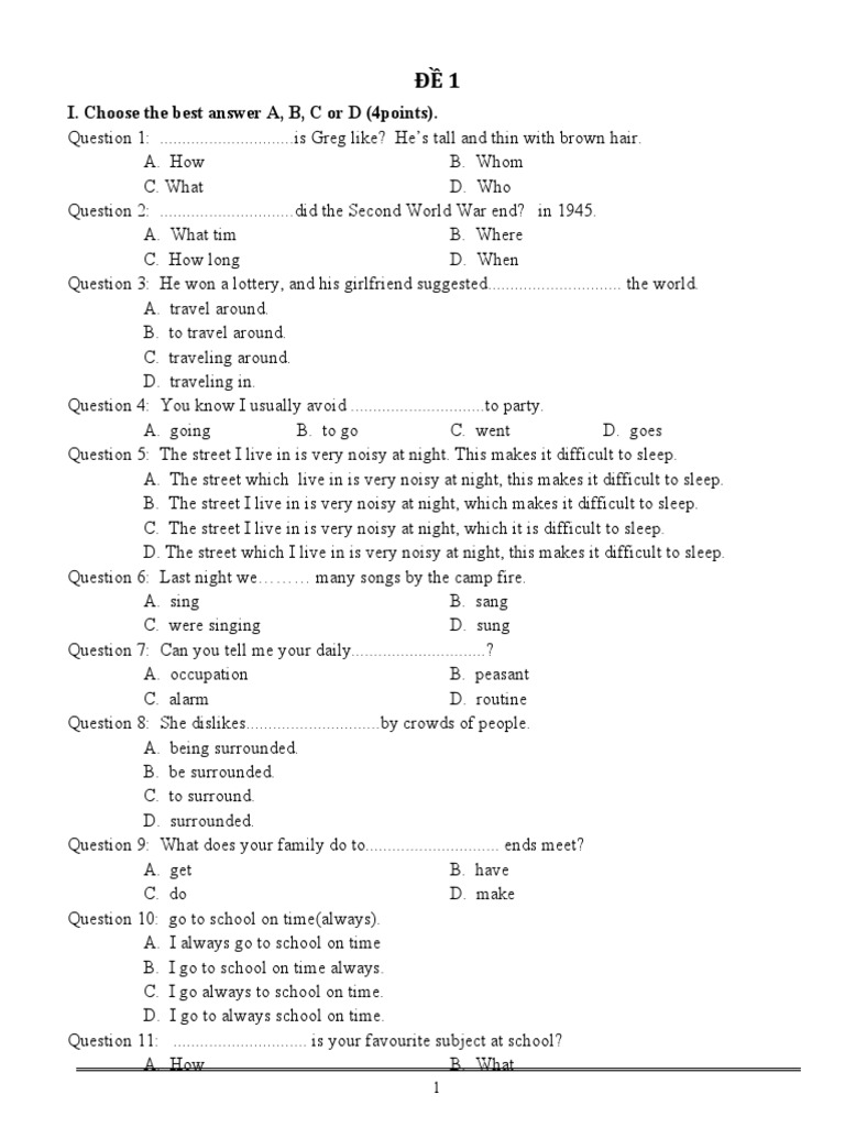 English Language Practice Test: Multiple Choice Questions on Grammar ...
