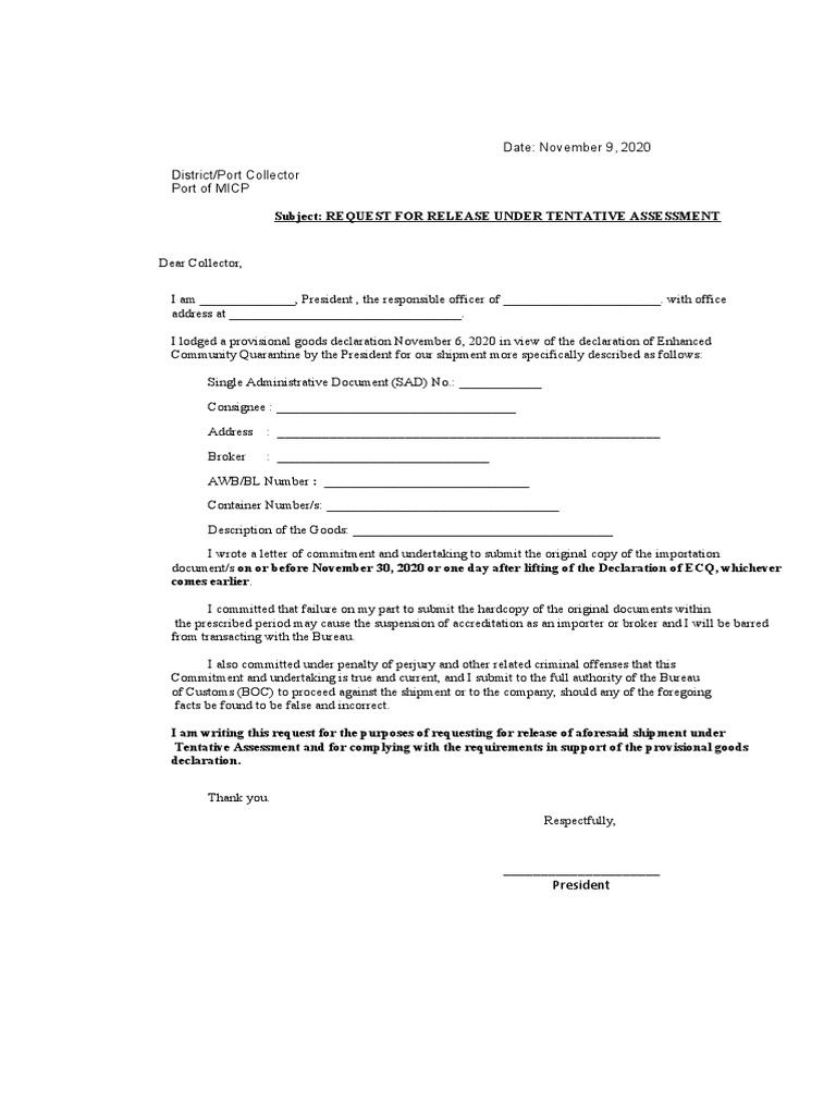 Request for Tentative Customs Release | PDF | Business | Finance ...