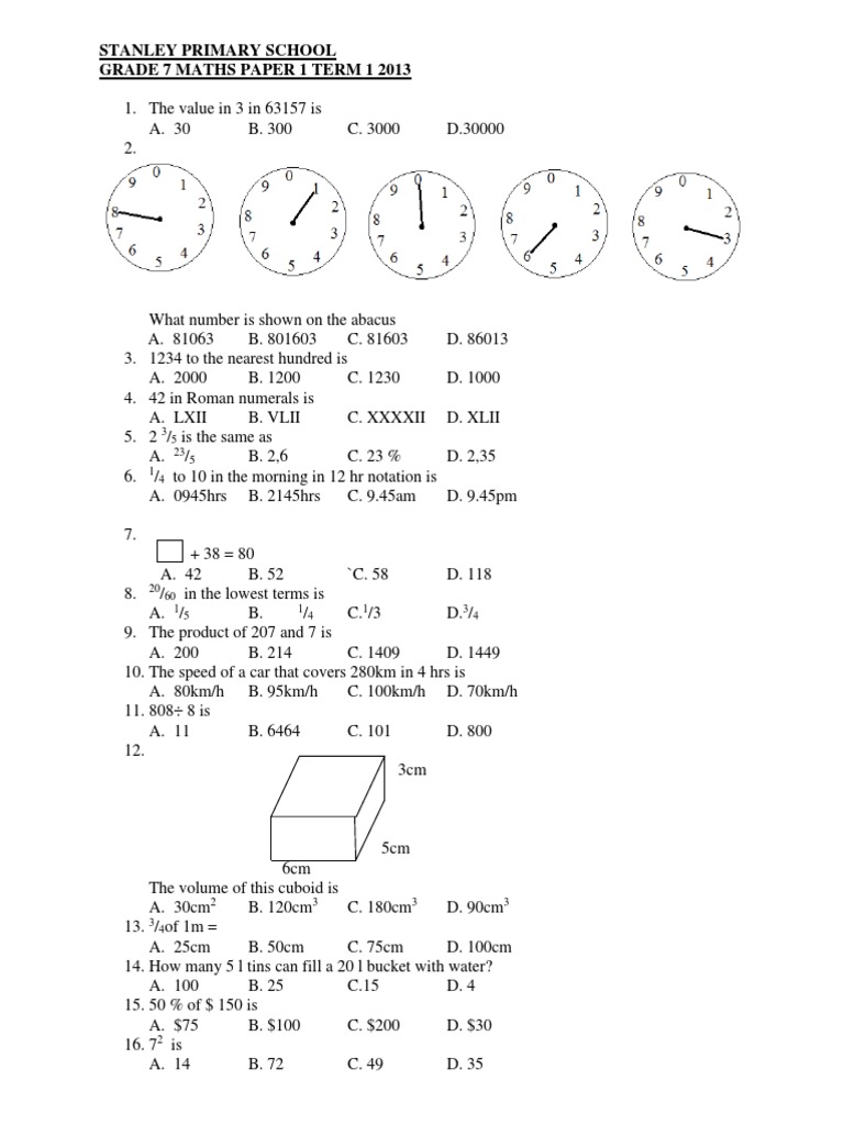 Grade 7 Maths Term 1 Paper 2013 | PDF | Elementary Mathematics ...
