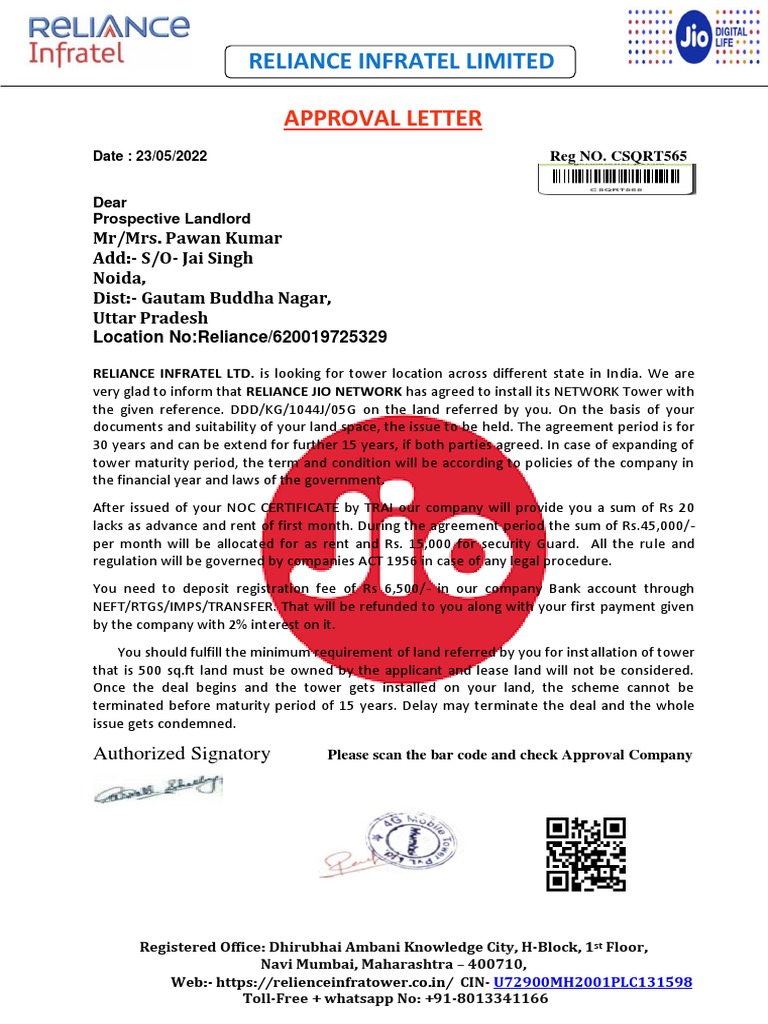 Approval Letter Reliance Infratel PVT LTD PDF