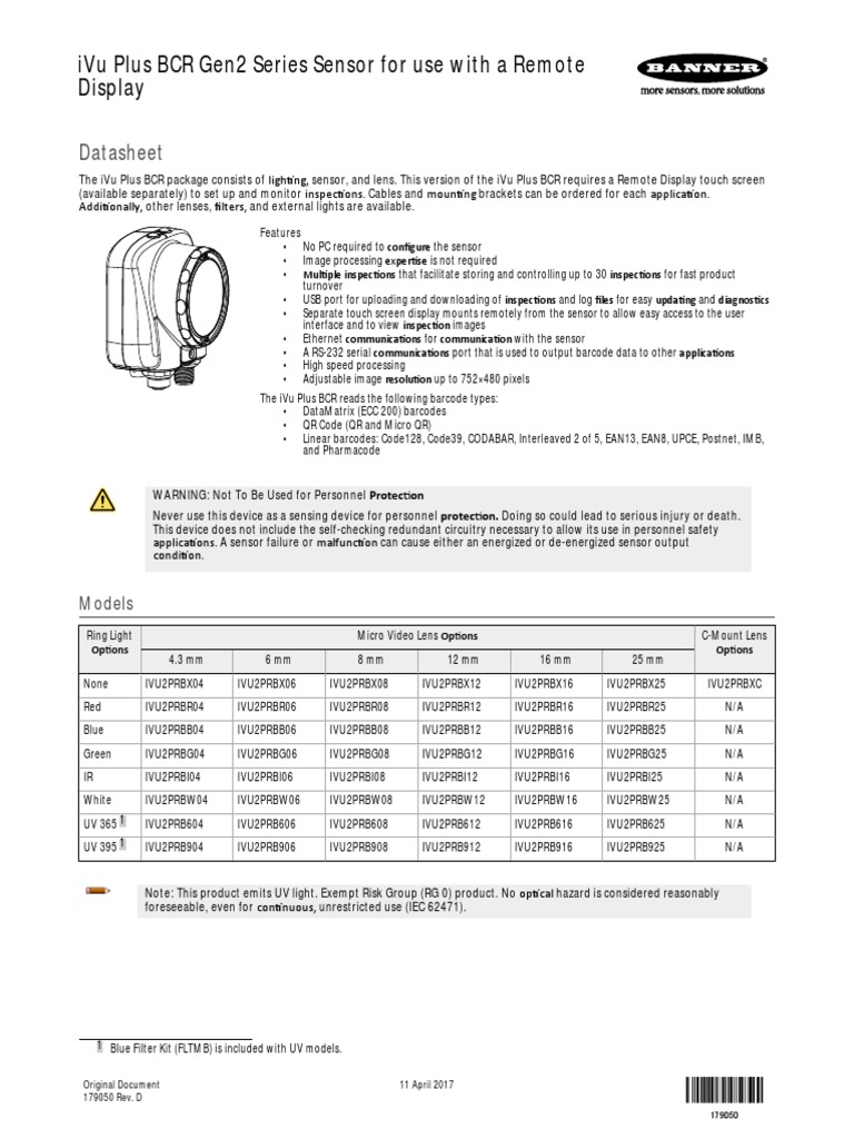 Ivu Plus BCR Gen2 Series Sensor For Use With A Remote Display ...