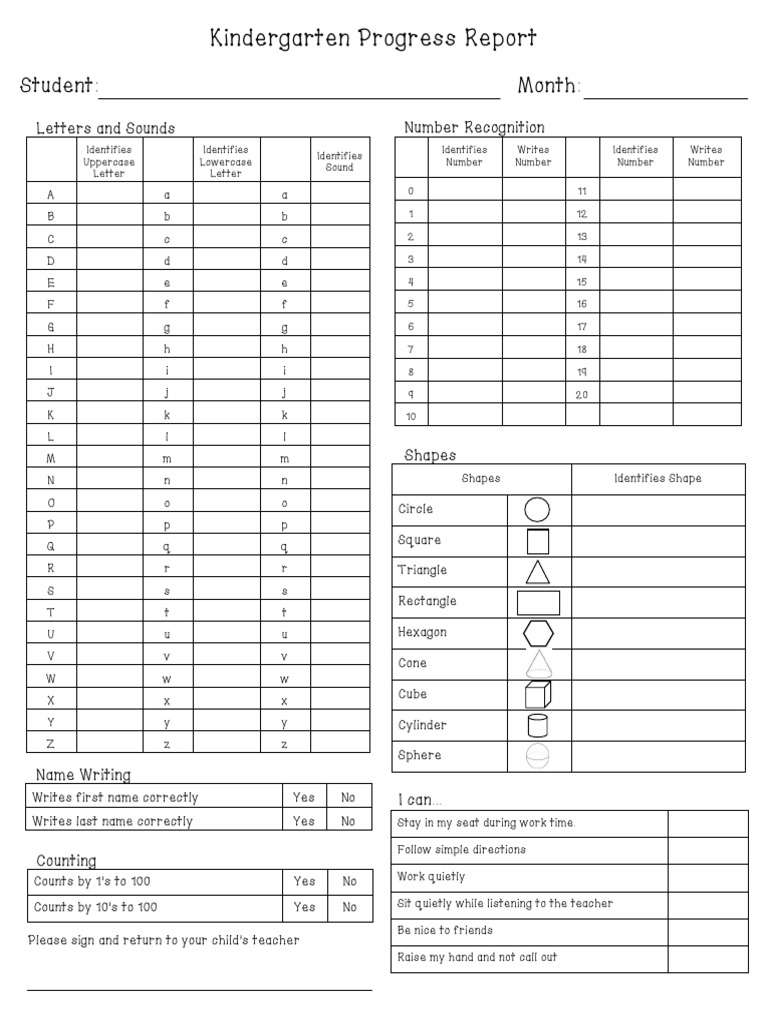Kindergarten Progress Report Student Month PDF Shape Vision