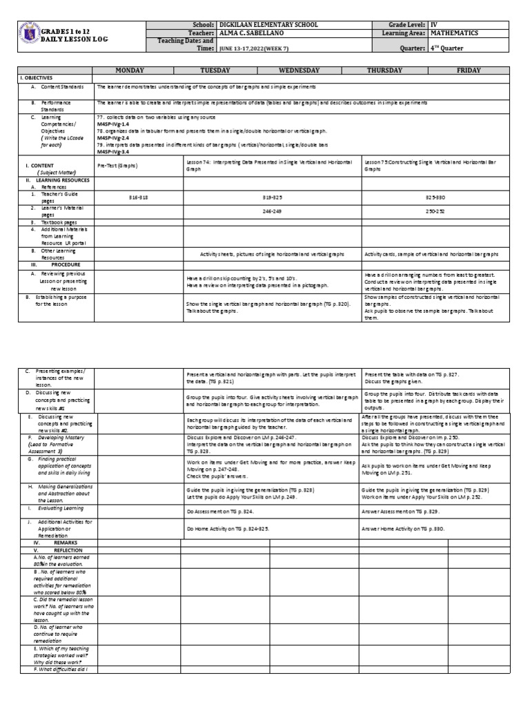 Grade 4 Math DLL: Week 7 Q4 | PDF | Data | Teachers
