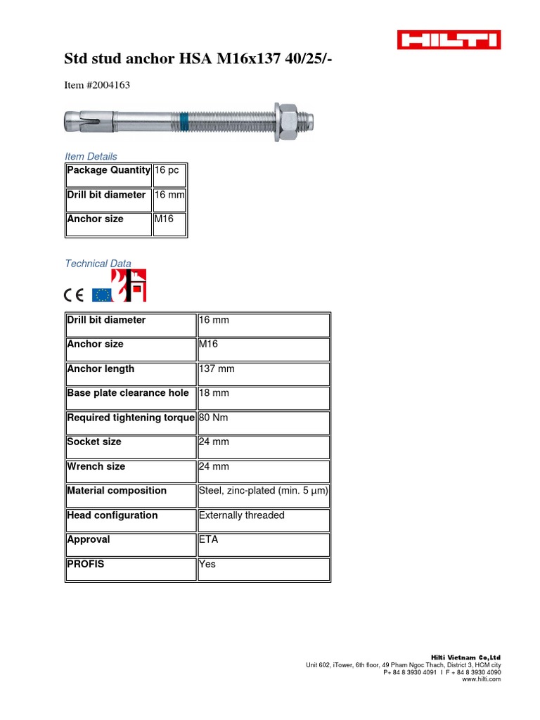 Hilti STD Stud Anchor HSA M16x137 PDF