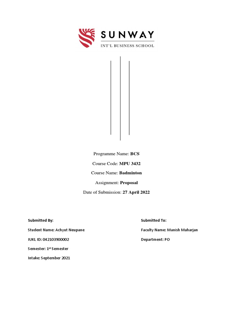 MPU 3432 Badminton IntraCollege Badminton Tournament Proposal PDF