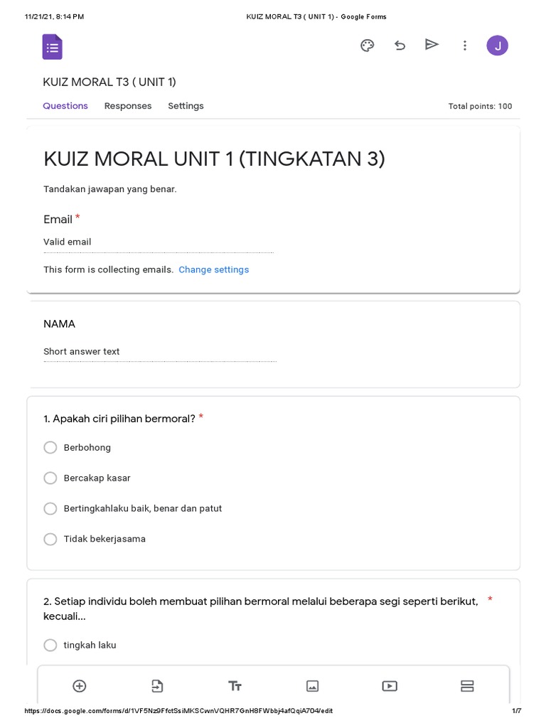 KUIZ MORAL T3 (UNIT 1) - Google Forms | PDF