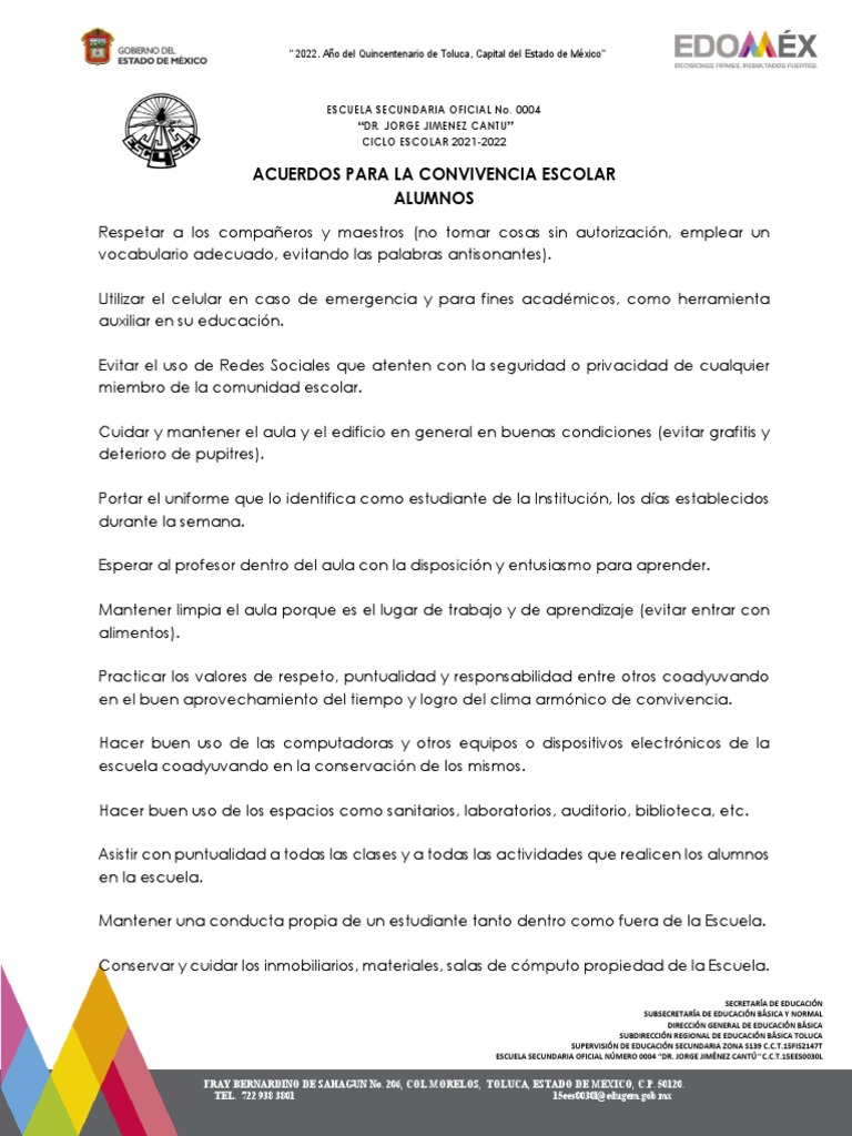 Acuerdos de Convivencia Escolar Secundaria | PDF | Salón de clases ...
