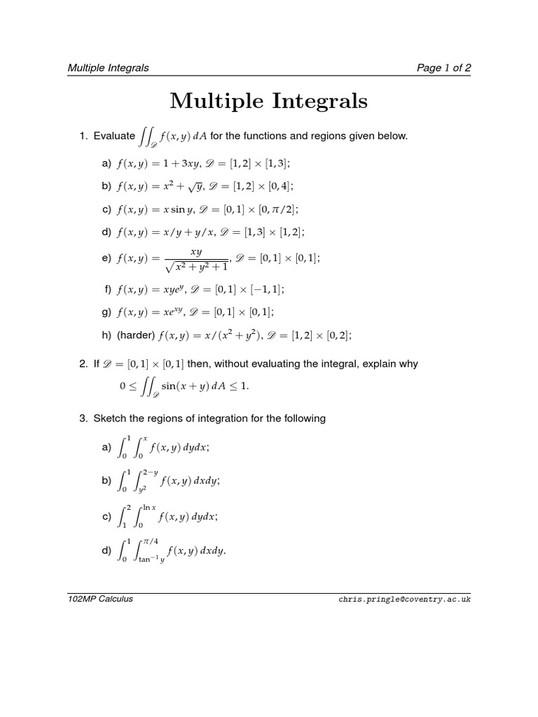 Exercises 7 - Multiple Integrals | PDF