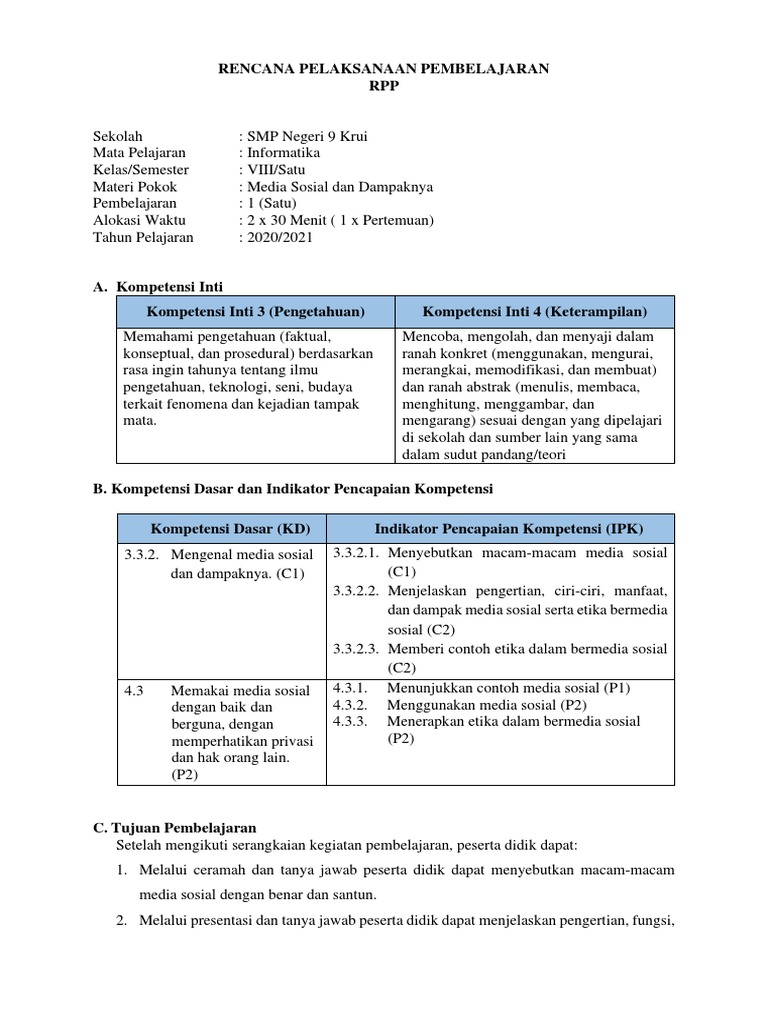 RPP 8 - Dampak Sosial Informatika KD 3-4 | PDF
