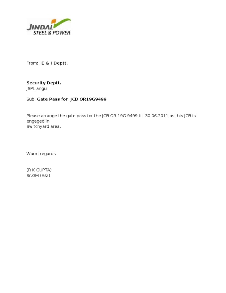 Gate Pass Request for JCB OR19G9499 | PDF