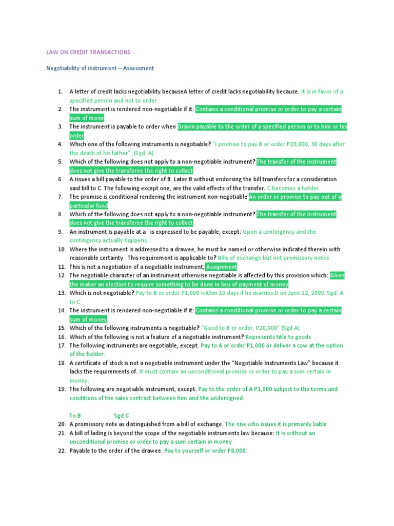Understanding Negotiability in Credit Law | PDF | Negotiable Instrument ...