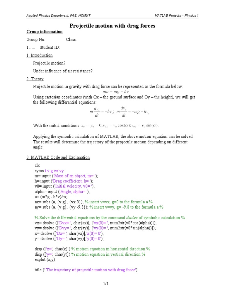 Projectile Motion with Drag in MATLAB | PDF | Mechanics | Physical ...