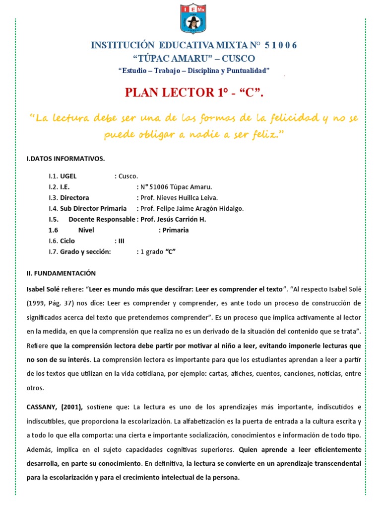 Plan Lector - 1° C Grado | PDF | Aprendizaje | Comprensión lectora