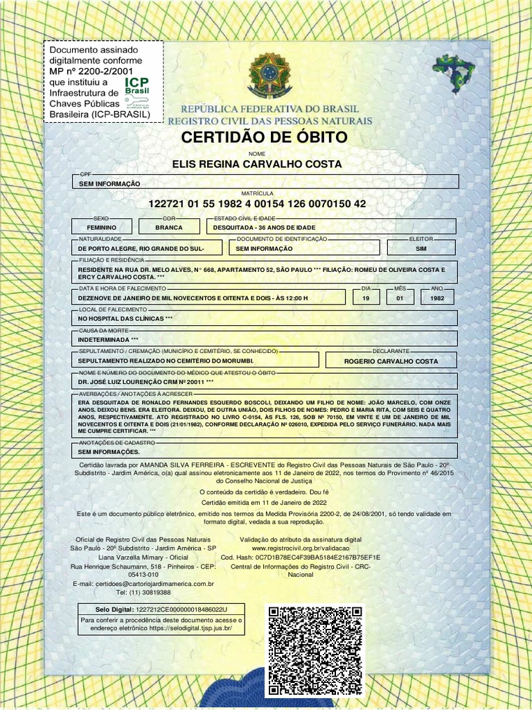 Certidao De Obito Pdf São Paulo Brasil
