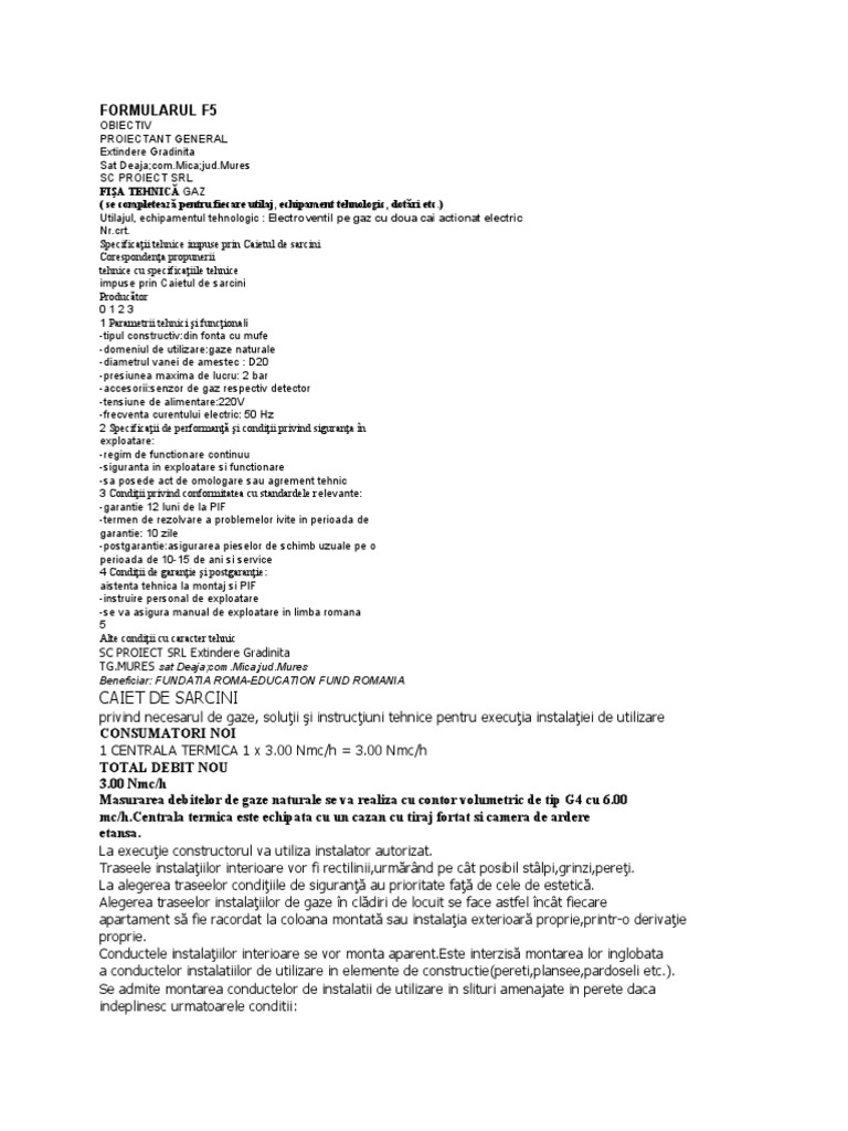 Formularul F5: Caiet de Sarcini | PDF