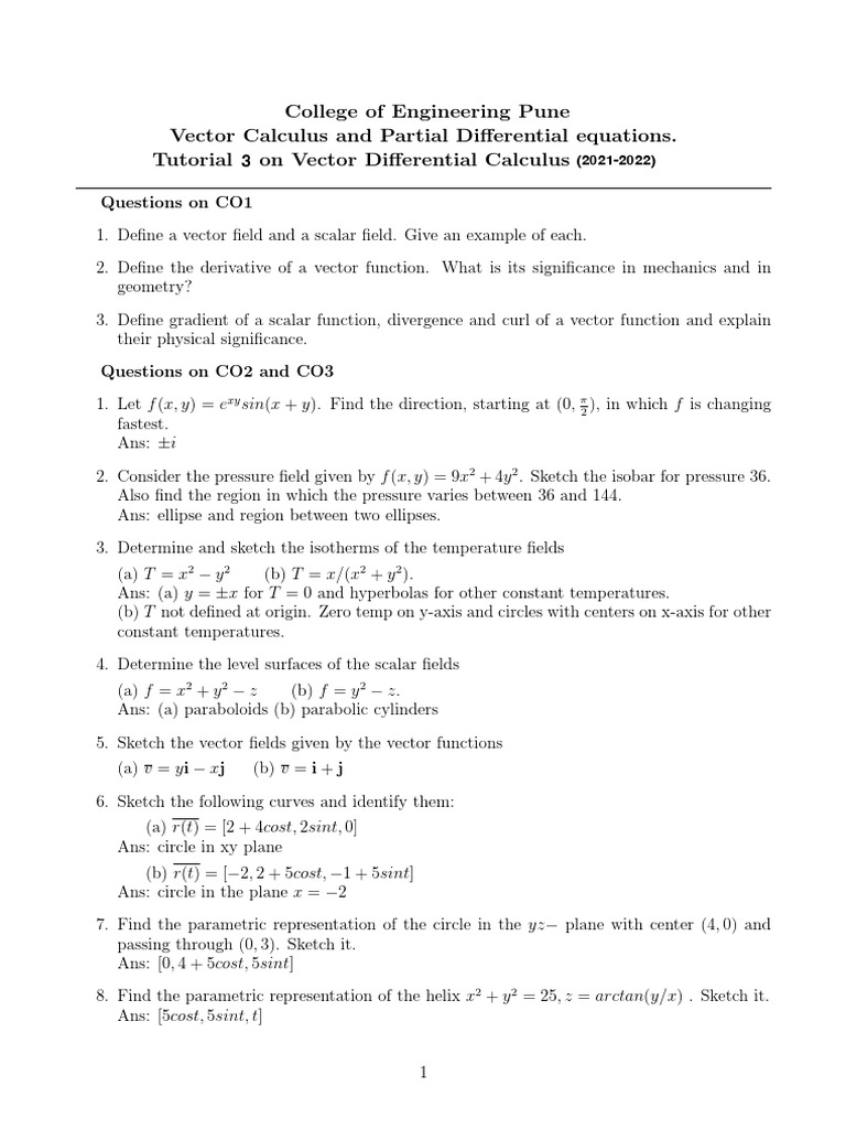 Vector Calculus Tutorial Questions | PDF | Vector Calculus | Derivative