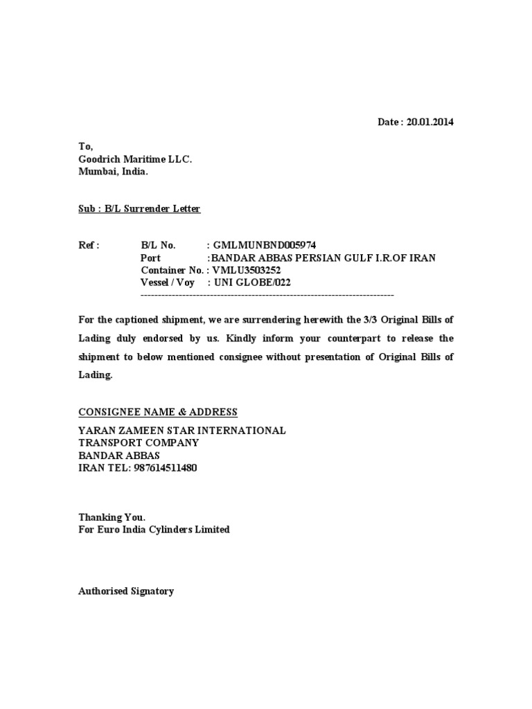 B L Surrender Letter Format PDF