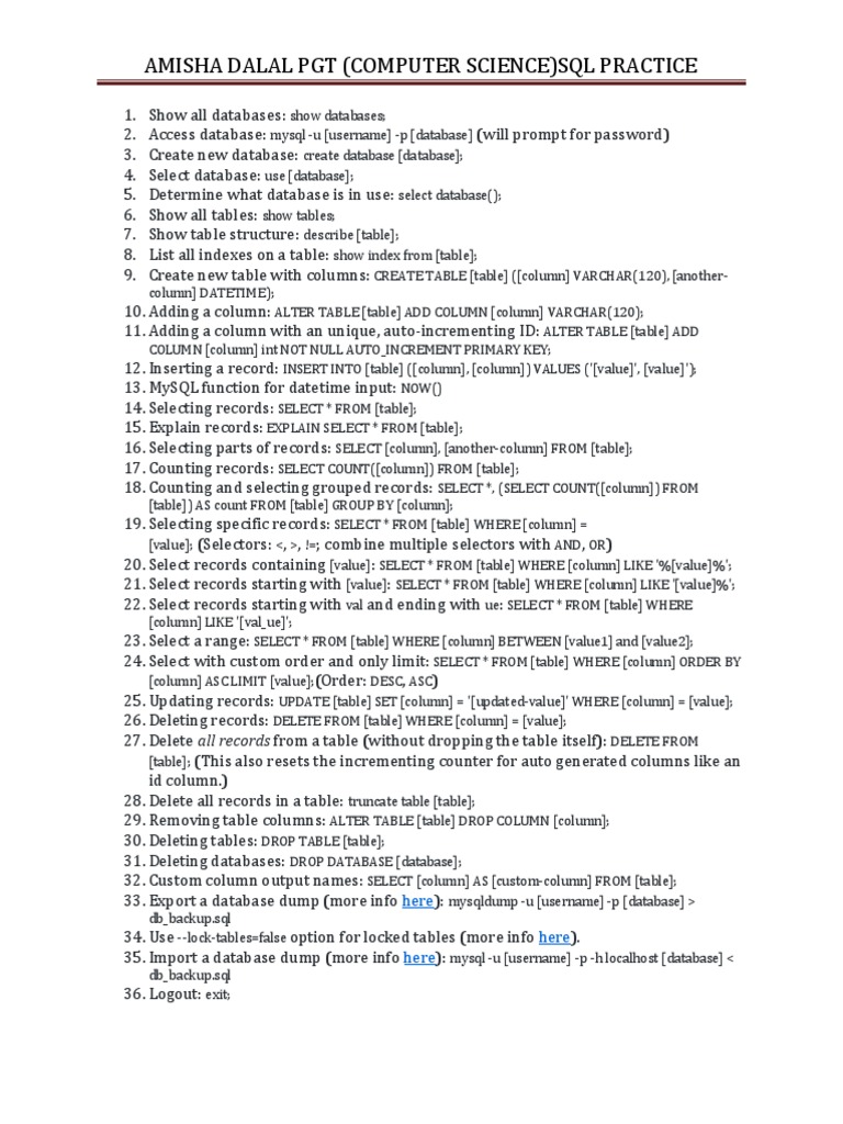 Amisha Dalal PGT (Computer Science) SQL Practice: Here Here Here | PDF ...