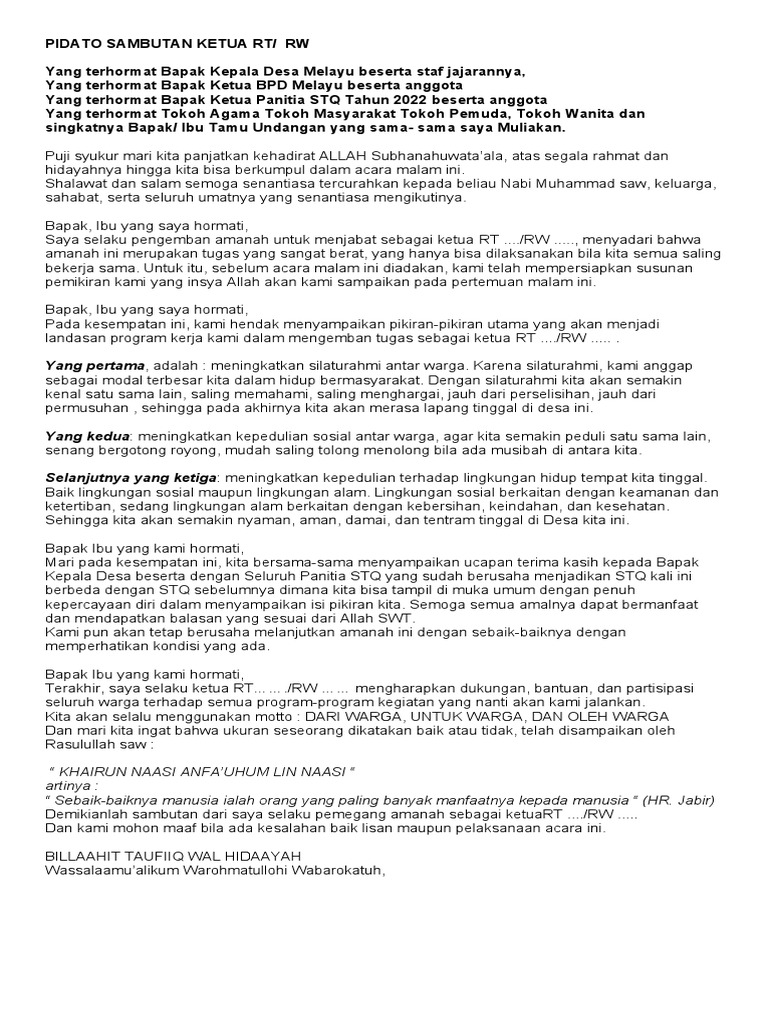 Pidato Sambutan Ketua RT RW STQ 2022 | PDF