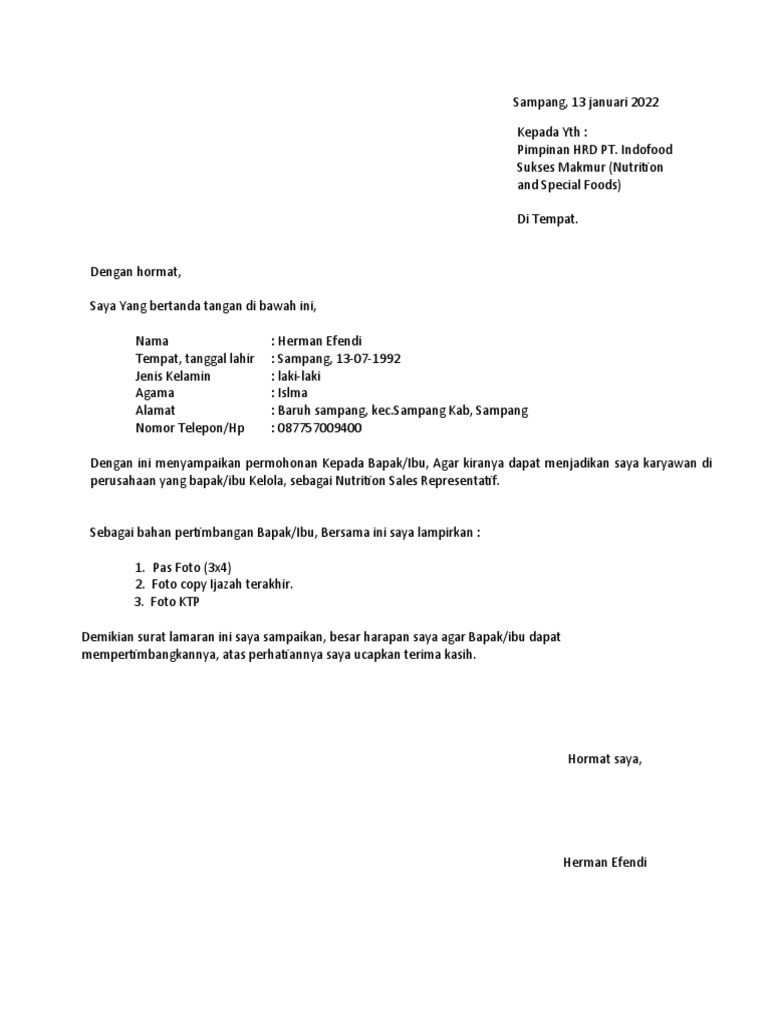 Surat Lamaran Kerja PT Indofood Sukses Makmur | PDF