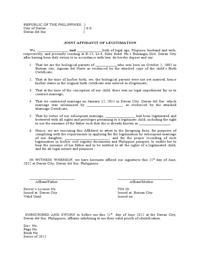 Joint Affidavit of Legitimation Sample PDF Affidavit Marriage