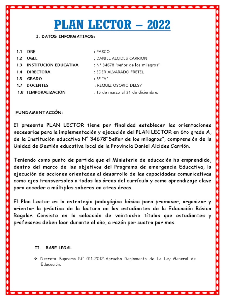 Plan Lector para Sexto Grado 2022 | PDF | Educación primaria | Maestros