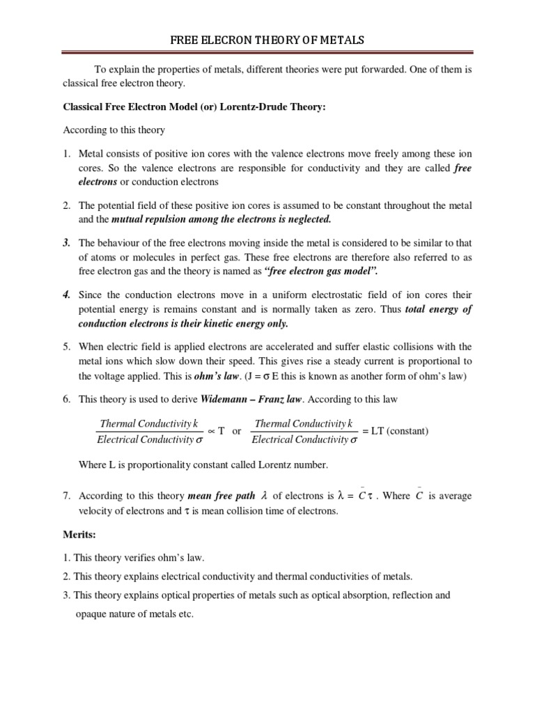 Free Electron Theory of Metals Explained | PDF | Electron | Electrical ...