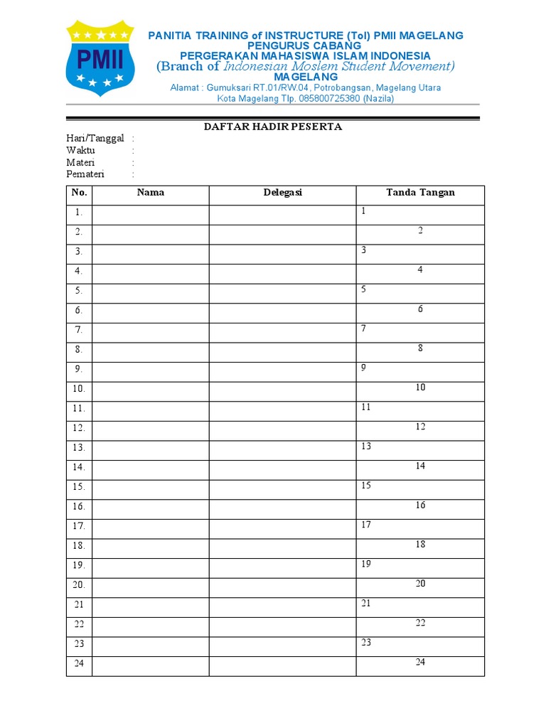 Daftar Hadir Training PMII Magelang | PDF