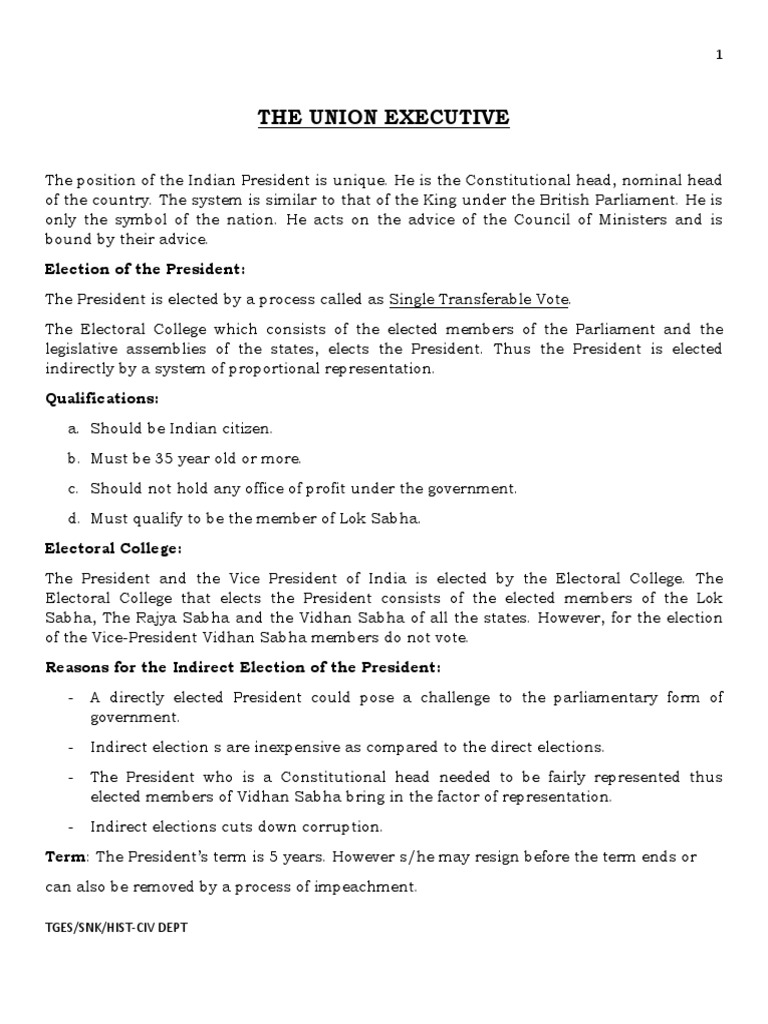 Union Executive Notes PDF (Government) Government