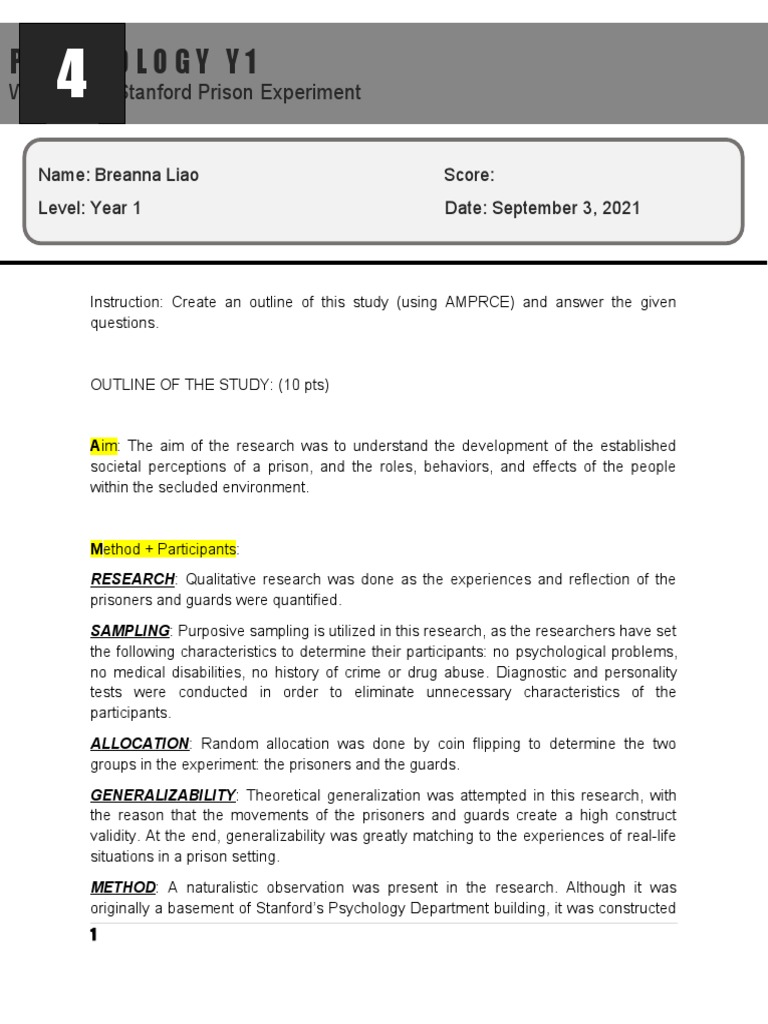 Psychology Y1: Worksheet: Stanford Prison Experiment | PDF | Prison ...