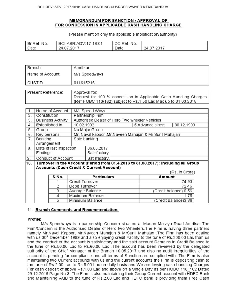 Cash Handling Charges Waiver Proposal PDF Banks Transaction Account