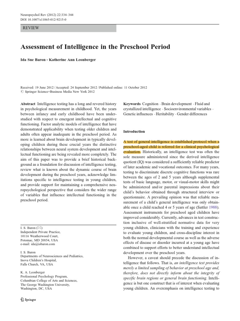 Assessment of Intelligence in The Preschool Period | PDF | Intelligence ...