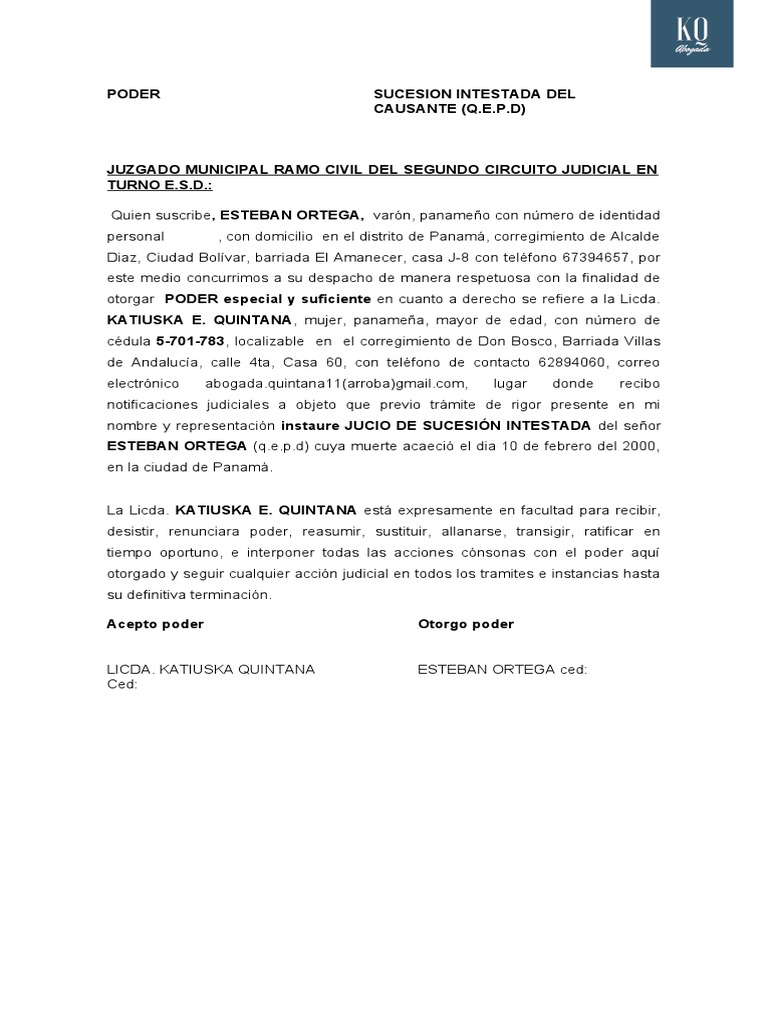 Modelo Demanda de Sucesión Intestada | PDF | Panamá | Justicia