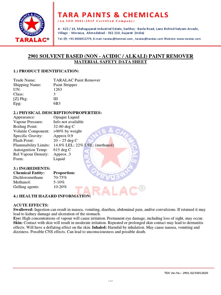 2901 MSDS Paint Remover PDF Toxicity Physical Sciences