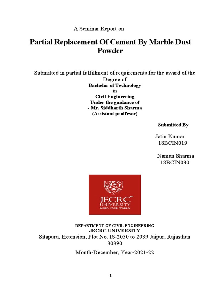 Partial Cement Replacement with Marble Dust | PDF | Concrete | Cement