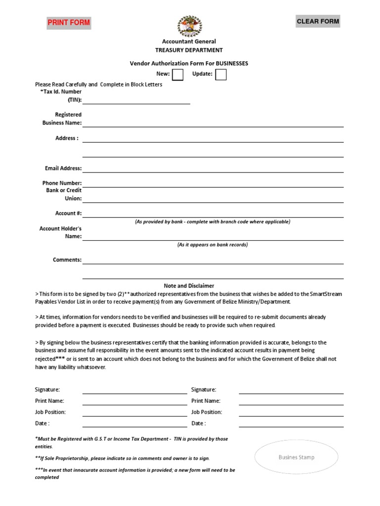 Belize Vendor Authorization Form | PDF | Banks | Taxes